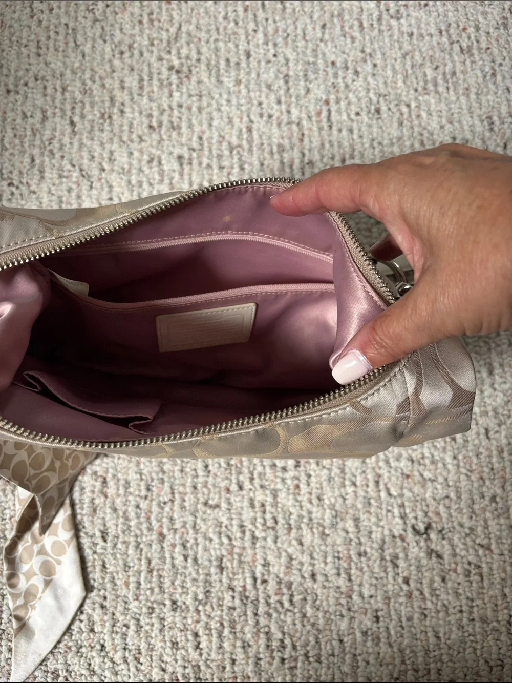 Coach Signature Hobo Bag in Beige and Ivory with Silver Hardware
